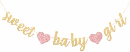 Sweet Baby Girl Banner, Pink Baby Shower Decorations for Girl, Pre-Strung Baby Shower Banner Garland with Pink Hearts, Baby Girl Shower Decor for Backdrop, Dessert Table, Wall, Mantel, Baby Sprinkle Party by SUWOW