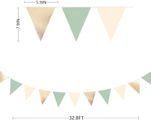 Sage Green Beige Champagne Gold Party Decorations Metallic Fabric Triangle Pennant Banner Bunting Flag Garland for Baby Shower Birthday Wedding Engagement Bridal Shower Graduation Decoration Supplies - Image 2