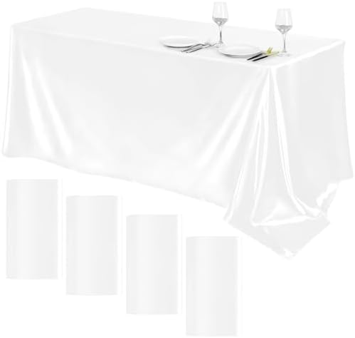 TURSTIN 4 Pack White Satin Tablecloth 102 x 58 Inch Overlay Table Cover by TURSTIN