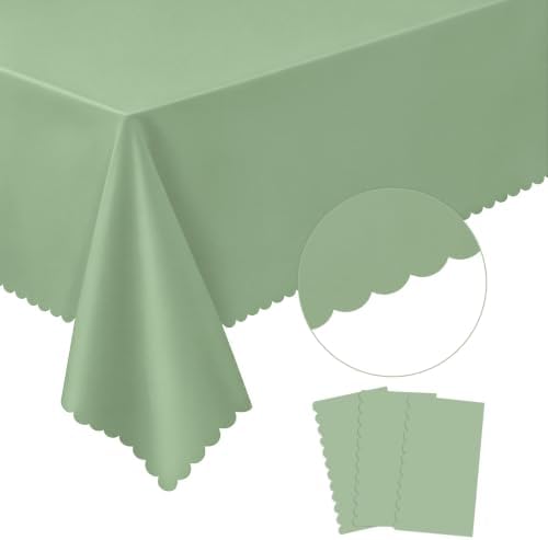NatNarr 3 Pcs Sage Green Tablecloths Plastic, Scalloped Table Cloth by NatNarr