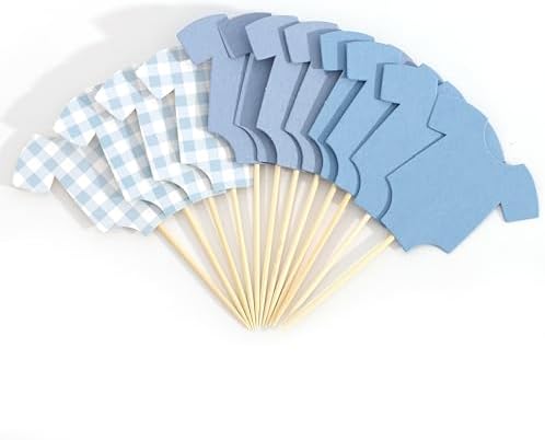 Blue Gingham Baby Shower Bodysuit Cupcake Topper,Blue Gingham Cake Topper - Image 5