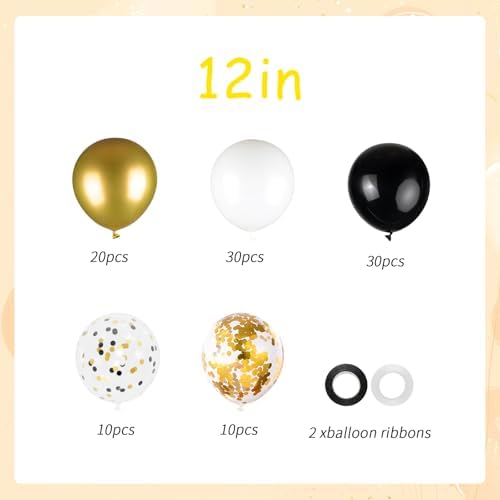 100pcs Black Gold and White Balloons with 12inch Metallic Gold and Black Confetti Balloons for Class of Graduation, 30th 40th 50th Birthday Party Decoration (with 2 Ribbons) - Image 3