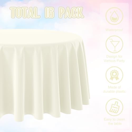 16 Pack Ivory Plastic Tablecloths for Round Tables, Premium Decorative Beige Disposable Table Covers for Parties, Round Cream Party Table Cover for Birthday Wedding Baby Shower Graduation, 84 Inch - Image 3