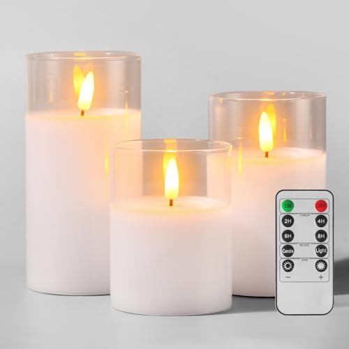 Tyawon Glass Battery Operated LED Flameless Candles with Remote and Timer, Real Wax Candles Warm Color Flickering Light for Festival Wedding Home Party Decor(Pack of 3)-White by FlamelessCandles