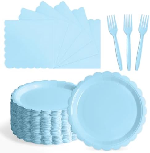 105PCS Light Blue Paper Plates & Napkins Set,7inch Scallope,with Forks by Tyzarglef