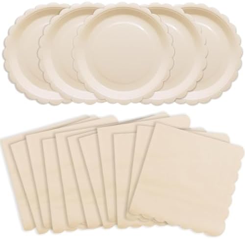 Fall Paper Plates and Napkins Ivory Scalloped Paper Plates Tableware Serves 40,Thanksgiving Party Platter for Boho Baby Shower Wedding Birthday by VEIZEDD
