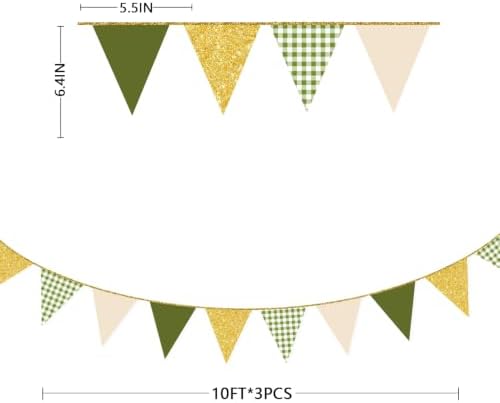 Sage Green Gold Buffalo Plaid Pennant Banner Flag Olive Green Gold Hanging Glitter Paper Triangle Bunting for Birthday Wedding Shower Safari Jungle Woodland Neutral Party Decorations Supplies - Image 2