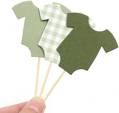 Saga Green Gingham Baby Shower Bodysuit Cupcake Topper,Blue Gingham Decor - Image 7