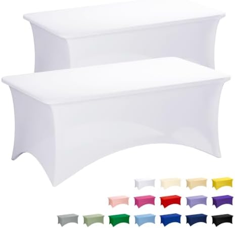 Fixwal 2 Pack 6FT White Tablecloth Rectangle Spandex Fitted Table Cover by Fixwal