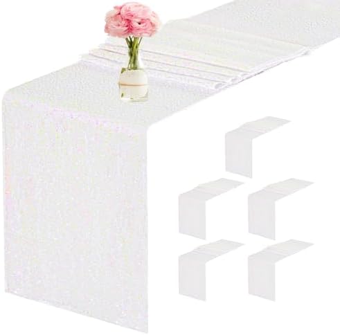 6 Packs 12 x 72 inches Sequin Table Runner, White Iridescent Glitter Table Runner for Birthday Party Supplies Wedding Engagement Baby Shower Holiday Celebration Event Decorations by Yblut