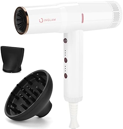 Hair Dryer, IG INGLAM Professional 110,000 RPM High Speed Blow Dryer, Negative Ion Low Noise 3 Heat Settings & 3 Speed & Cold Settings, Lightweight for Travel Home Salon Ionic Hair Dryer by INGLAM