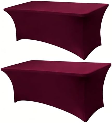 6FT Burgundy Table Cloth - 2 Pack Fitted Stretch Rectangle Spandex Tablecloth, Washable Table Cover for Party, Picnic, Wedding, Banquet, Birthday and Festival(30" x 72") by Lemict