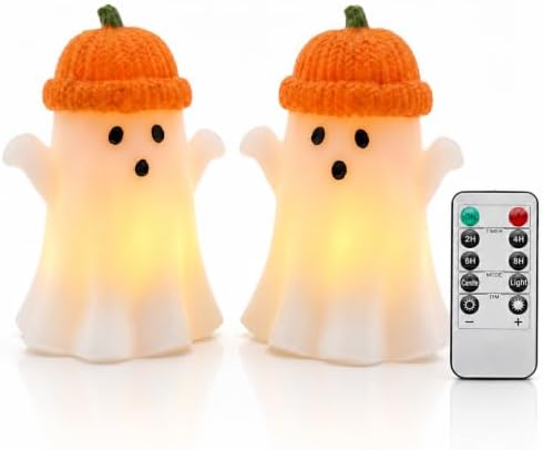 Enido Ghost with Pumpkin Hat Flameless Candles with Remote, Set of 2 Cute Real Wax LED Halloween Candles, Battery Operated Tea Lights, 2/4/6/8H Timer for Kids Room, Fall Tiered Tray Decor by outdoorcandleswithremote