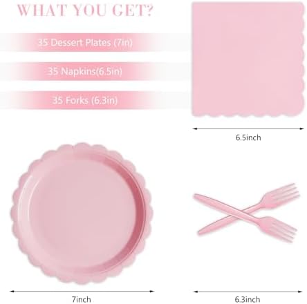 105PCS Pink Paper Plates & Napkins Set,7inch Scallope,with Forks - Image 2