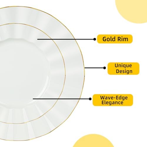 72PCS Ivory White Plastic Plates, Wavy Plates with Gold Rim - Image 4