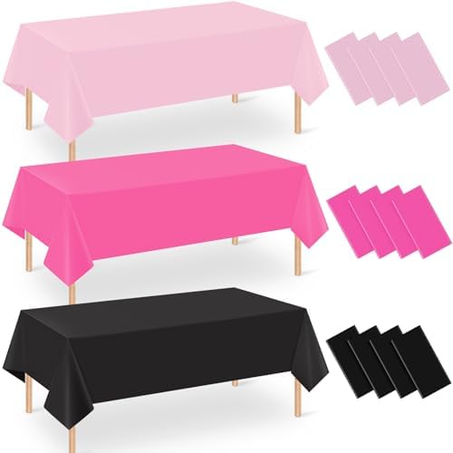 12 Pack Halloween Pink and Black Plastic Tablecloth for Rectangle Tables, Pink Black Disposable Table Cover, Rectangle Table Cloth for Girls Halloween Baby Shower Birthday Party Supplies Decorations by Hauwellter