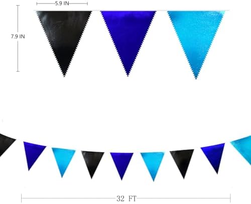 Black Blue Party Decorations Metallic Fabric Triangle Pennant Banner Flag Bunting Garland for Video Game Nautical Birthday Graduations Retirement Wedding Bachelorette Outdoor Holiday Party Supplies - Image 2