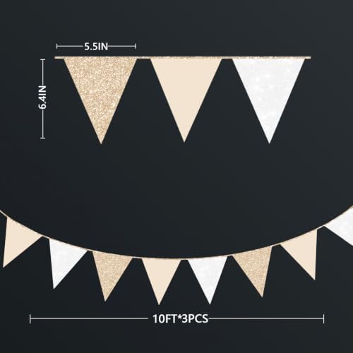 Champagne Gold Beige White Party Pennant Banner Flag Hanging Glitter Paper Triangle Bunting for Birthday Graduation Wedding Shower Engagement Bridal Shower Holiday Baptism Party Decorations - Image 2