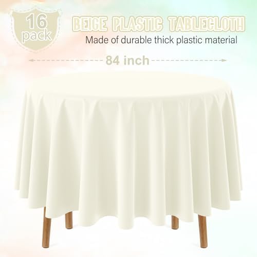 16 Pack Ivory Plastic Tablecloths for Round Tables, Premium Decorative Beige Disposable Table Covers for Parties, Round Cream Party Table Cover for Birthday Wedding Baby Shower Graduation, 84 Inch - Image 2
