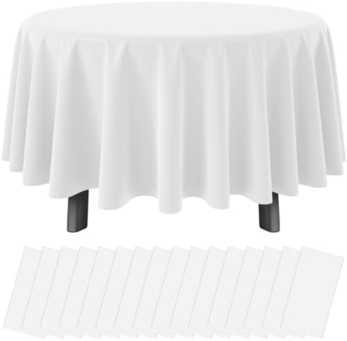 16 Pack White Plastic Tablecloth for Round Tables, Premium Decorative White Disposable Table Cloths for Parties, Bulk Round Party Table Cover for Birthday Wedding Anniversary Graduation, 84 Inch by RAGNHILD