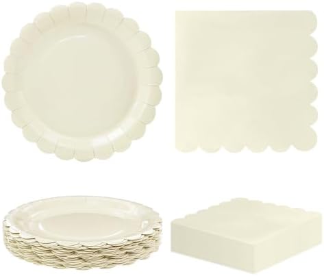 HEIPINIUYE 50 Pcs Ivory Paper Plates and Napkins Party Supplies Include 7'' Ivory Scalloped Plates and 6.5'' Paper Napkins Disposable Tableware Set for Dinner Wedding Birthday Party (Serves 25) by HEIPINIUYE
