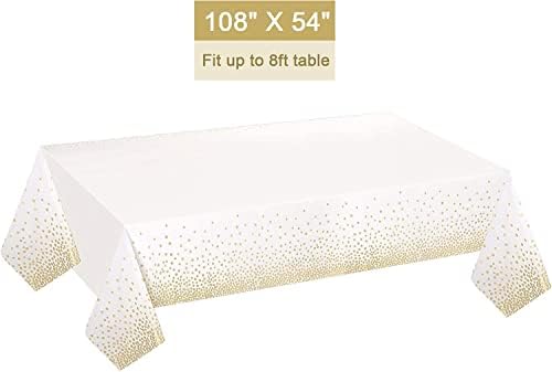 Gexolenu 2 Pack White and Gold Disposable Plastic Tablecloth for Rectangle Tables(54" x 108"), Disposable Waterproof Table Cover for Birthday, Graduation, Gold Table Cloths Party Supplies - Image 2