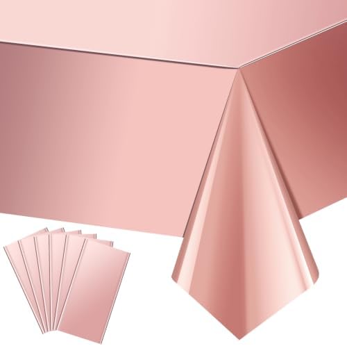 6 Pack Rose Gold Plastic Tablecloth, Dusty Pink Disposable Rectangle Table Covers, Holographic Metallic Foil Tablecloth Rose Party Supplies Decorations for Birthday Wedding Bachelorette, 54x108Inch by EnjoyYourFunnyParties