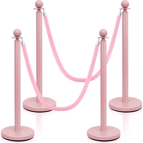 Ferraycle 4 Pc Stainless Steel Stanchion 38 Inch with Velvet Rope,Gray Pink by Ferraycle