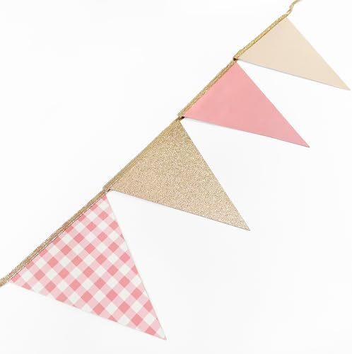 Dusty Rose Pink Buffalo Plaid Champagne Gold Party Decorations Pennant Banner Flag Hanging Glitter Paper Triangle Bunting for Women Girls Birthday Wedding Bridal Shower Hen Party Supplies - Image 5