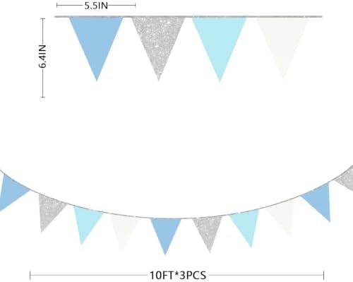 Dusty Blue Silver White Party Decorations Pennant Banner Flag Hanging Glitter Triangle Bunting for Birthday Graduation Bridal Shower Wedding Engagement Nautical Ahoy Achor Party Supplies - Image 2