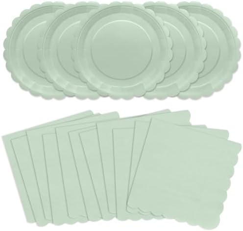100Pcs Sage Green Plates and Napkins - Disposable Sage Green Scalloped Paper Plates & Napkins Serves 50,Green Party Supplies for Baby Shower Wedding Bridal Shower Birthday by VEIZEDD