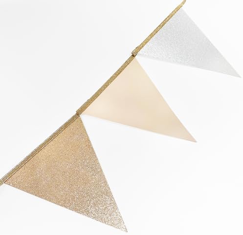 Champagne Gold Beige White Party Pennant Banner Flag Hanging Glitter Paper Triangle Bunting for Birthday Graduation Wedding Shower Engagement Bridal Shower Holiday Baptism Party Decorations - Image 5