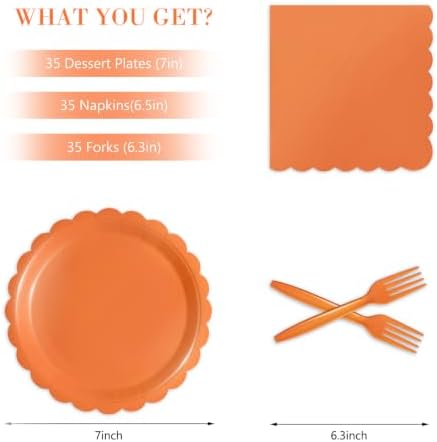 105PCS Orange Paper Plates & Napkins Set,7inch Scallope,with Forks - Image 2