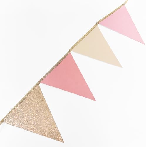 Champagne Gold Dusty Rose Pink Beige Party Pennant Banner Flag Hanging Glitter Paper Triangle Bunting for Women Girls Birthday Wedding Bridal Shower Holiday Party Decorations Supplies - Image 4