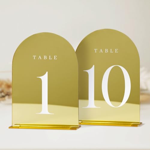 Gold Mirror Table Numbers 1-10 with Stands, 10 Pack 5"x7" Gold Acrylic Arch Sign with Stand Gold Mirror Acrylic Arch Table Numbers for Wedding Reception by JINMURY