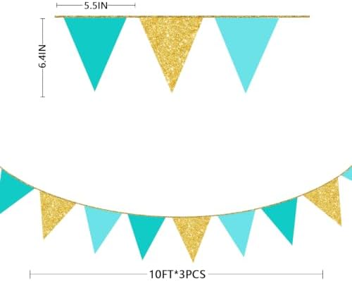 Teal Aqua Blue and Gold Party Decorations Pennant Banner Flag Hanging Glitter Paper Triangle Bunting for Birthday Graduation Bridal Shower Wedding Engagement Turquoise Party Decor Supplies - Image 2