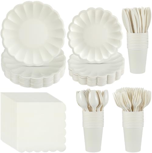 Newtay 350 Pcs Ivory Scalloped Paper Plates and Napkins Party Supplies by Newtay