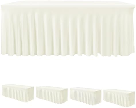 4 Pack Beige Spandex Table Covers 6ft Rectangle Ruffle Skirts for Party by HolidayIdeas