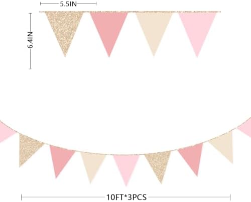 Champagne Gold Dusty Rose Pink Beige Party Pennant Banner Flag Hanging Glitter Paper Triangle Bunting for Women Girls Birthday Wedding Bridal Shower Holiday Party Decorations Supplies - Image 2