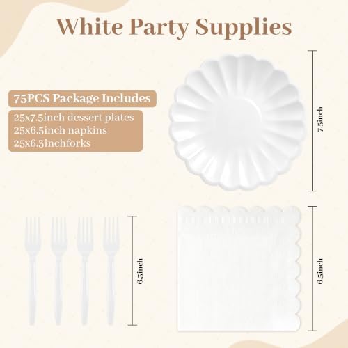 75 Pcs White Paper Plates and Napkins, Tableware Set Serve for 25 Guests - Image 2