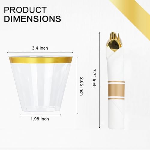 M MCIRCO 175 Piece Gold Dinnerware Set - 50 Plastic Plates, 25 Cups, 25 Pre Rolled Napkins with Plastic Silverware, Disposable Gold Dinnerware Set for 25 Guest - Image 4