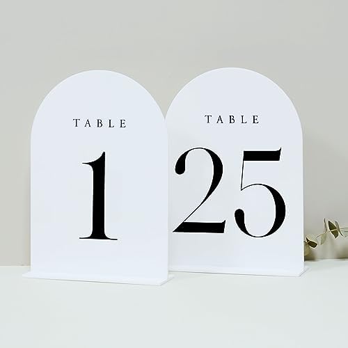 White Arch Table Numbers for Wedding, 25 Pack 5"x7" White Arch Acrylic Table Numbers 1-25 with stand, Perfect for Wedding Event Reception by JINMURY