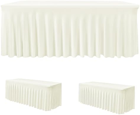 2 Pack Beige Spandex Table Covers 8ft Rectangle Ruffle Skirts for Party by HolidayIdeas