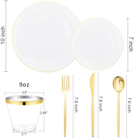 bUCLA 150PCS Gold Plastic Plates Disposable - Gold Dinnerware Set - Include 25 Each (Dinner & Dessert) Plates, 25 Knives, 25 Forks, 25 Spoons & 25 Cups for Party, Thanksgiving, Fall Harvest & Autumn - Image 2