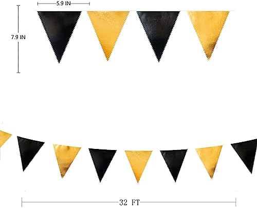 Black and Gold Party Decorations Triangle Pennant Banner Flag Metallic Fabric Bunting Garland for Birthday Graduation Anniversary Wedding Bachelorette Bridal Shower Engagement Hen Party Supplies - Image 2
