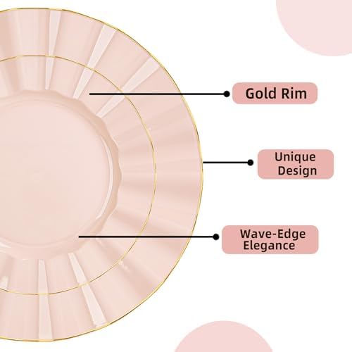 120PCS Blush Pink Plastic Plates, Wavy Plates with Gold Rim - Image 3