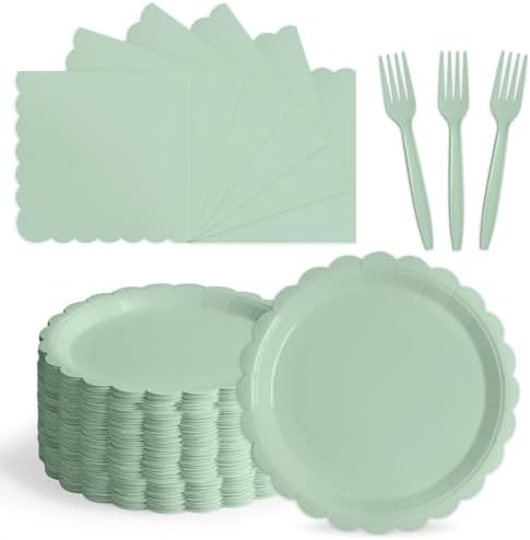 105PCS Sage Green Paper Plates & Napkins Set,7inch Scallope,with Forks by Tyzarglef
