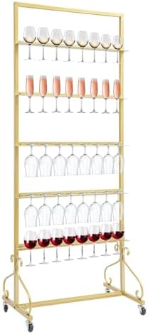 Champagne Tower Stand, 5-Tier Metal Champagne Flutes Display Stand Champagne Wall Holder for Party Champagne Rack Shelf Wine Glass Rack Hold 40 Glasses with Swivel Casters (Gold) by awolsrgiop