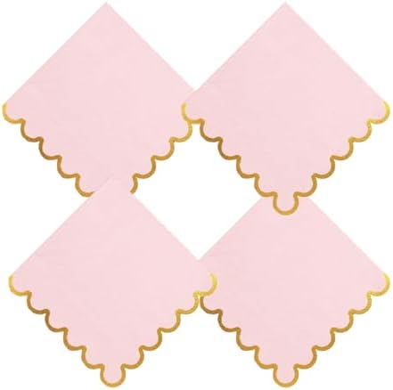 100 pack Pink Cocktail Napkins with Gold Foil Accents Scalloped Edges 5 x 5 inch Beverage Disposable Napkin Party Decoration Wedding Bridal and Baby Shower Dinner Lunch Supplies by Leapig