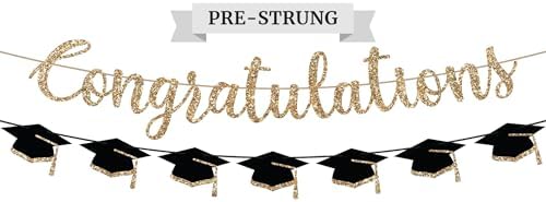 Pre-Strung Congratulations Banner, Gold Glitter Grad Caps Graduation Banner by PerfectOccasion